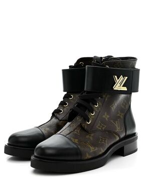Louis Vuitton Brown Monogram & Black Leather Lace-Up Boots with Gold LV